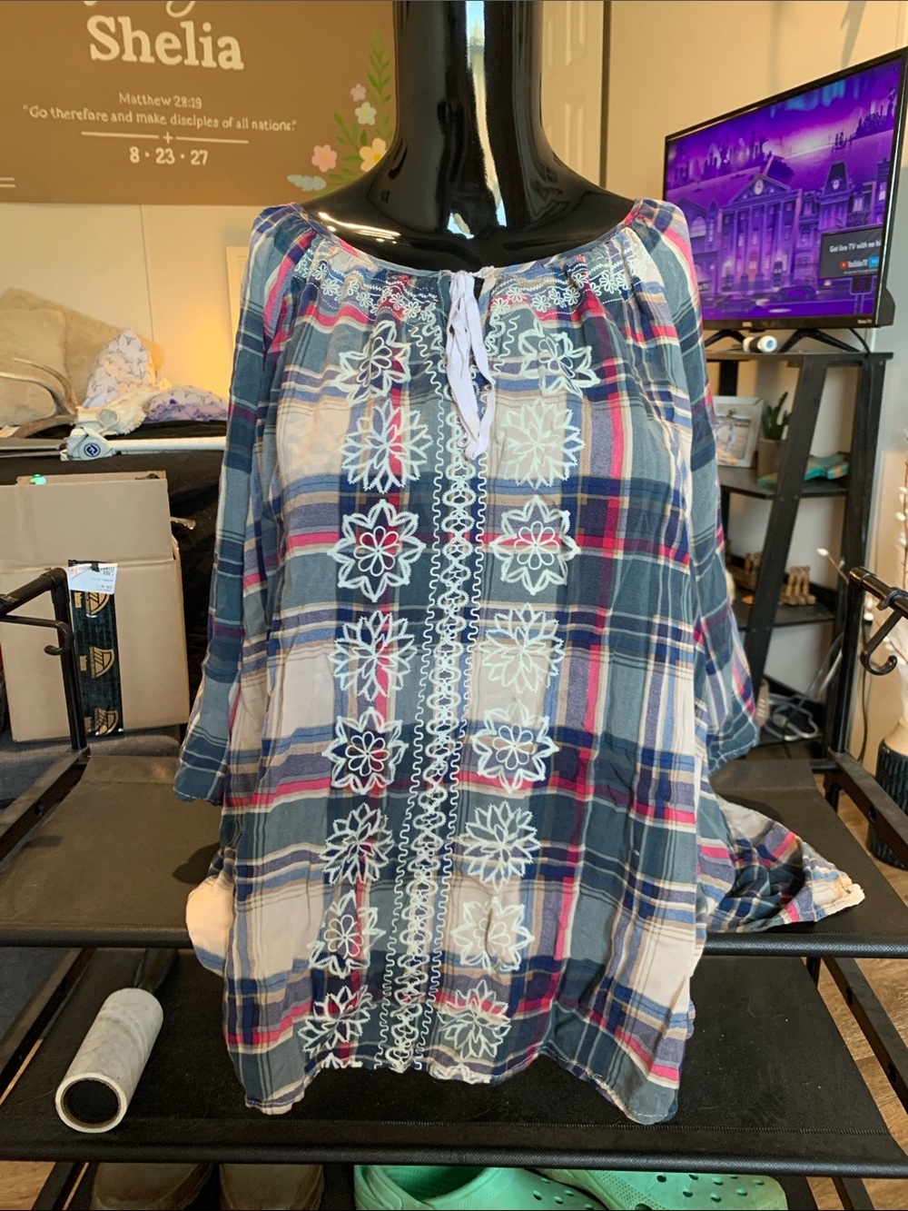 #138 ONE WORLD Navy Multi Plaid Embroidered Peasant Tunic